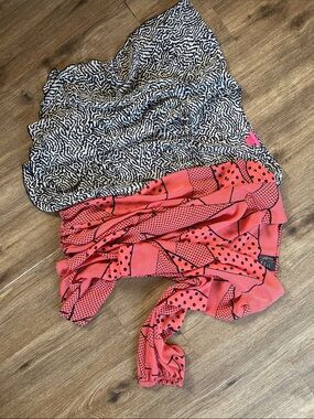 Sunny Leigh Black and White Patterned Blouse with Coral Pink Graphic Print
